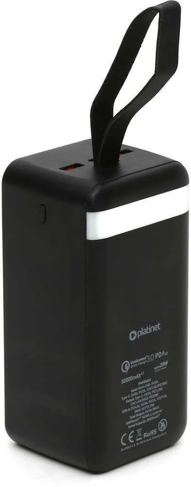 Išorinė baterija POWER BANK Platinet 50000mAh (1xUSB; 1xType-C; QC3.0 20W) juoda