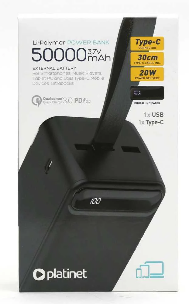 Išorinė baterija POWER BANK Platinet 50000mAh (1xUSB; 1xType-C; QC3.0 20W) juoda