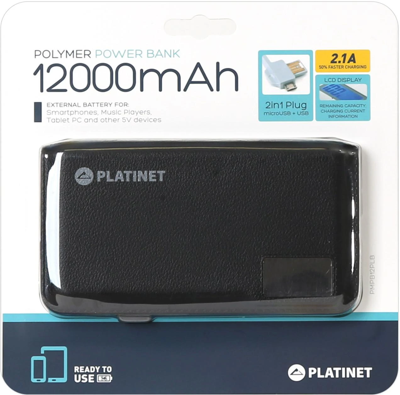 Išorinė baterija Platinet PMPB12PLB, 12000 mAh, juodas