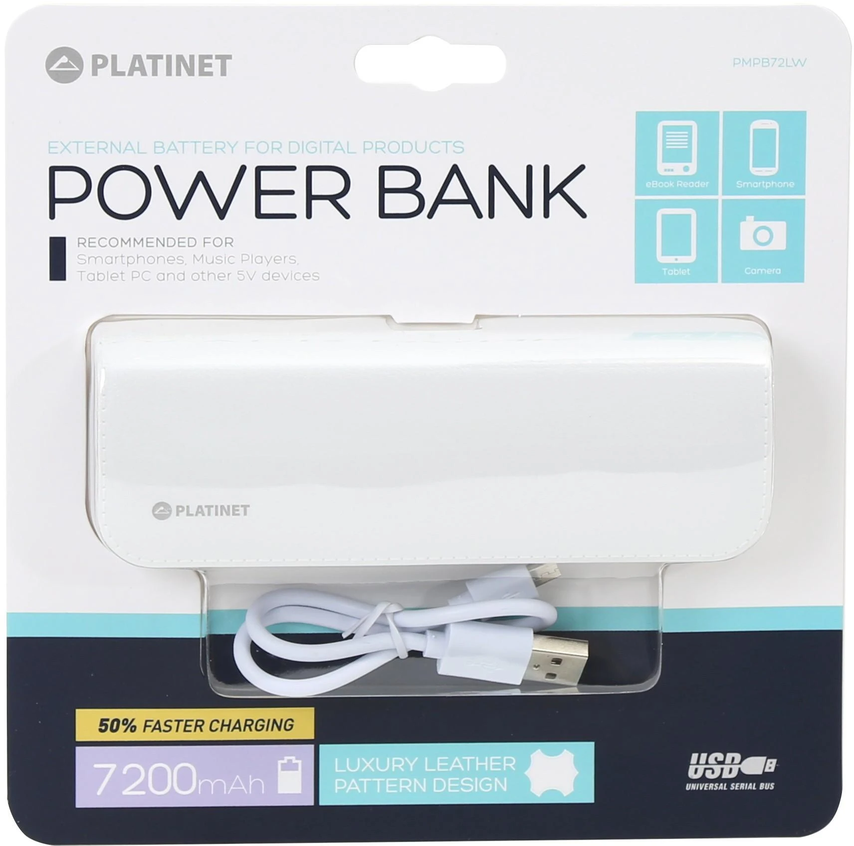 Odinės apdailos išorinė baterija PowerBank Platinet 7200mAh PMPB72LW su microUSB laidu