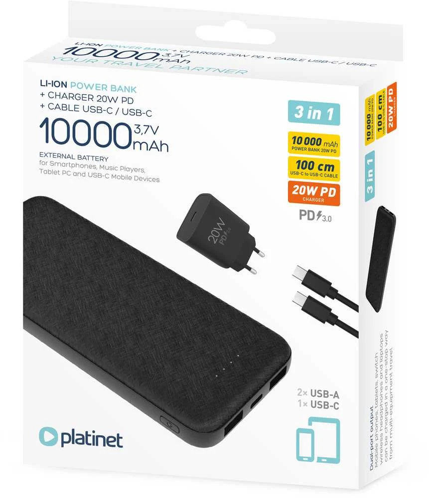 Išorinė baterija PLATINET 10000mAh PMPB10W705, juodos sp.