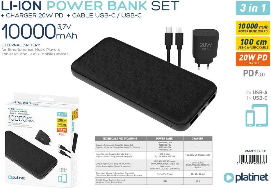 Išorinė baterija PLATINET 10000mAh PMPB10W705, juodos sp.