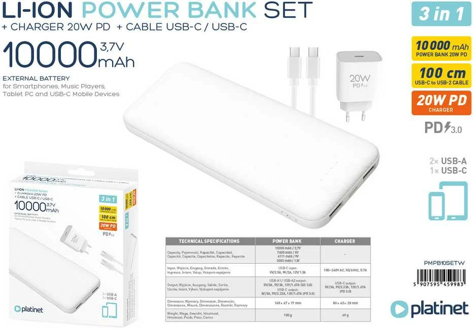Išorinė baterija PLATINET 10000mAh PMPB10W705, baltos sp.