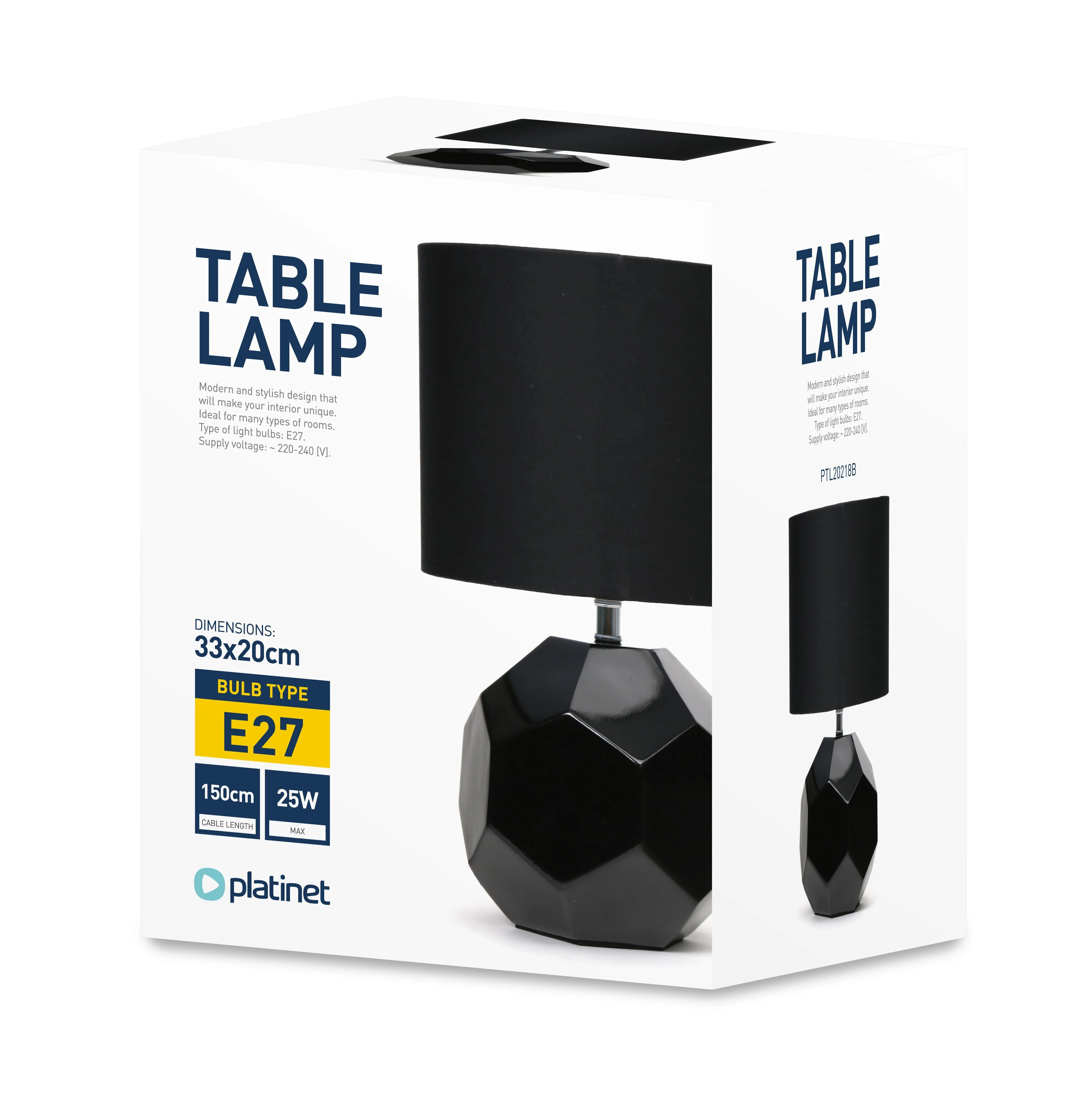 Lampa stołowa Platinet PLATINET STALINĖ LEMPA E27 25W KERAMINIS KUBINIS PAGRINDAS 1,5 M KABELAS Juodas [45672]