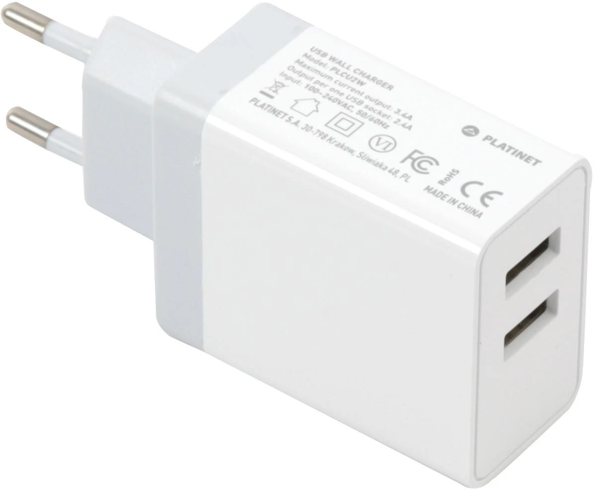 Platinet USB įkroviklis 2xUSB 3.4A, baltas + laidas (43723)