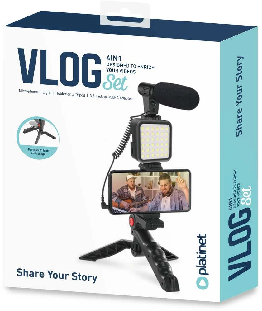 Universalus laikiklis Platinet VLOG 4in1 (mikrofonas; led; laikiklis) juodas