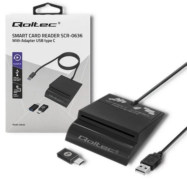 QOLTEC 50636 Intelligent Smart ID lustinių kortelių skaitytuvas SCR0636 USB tipo C