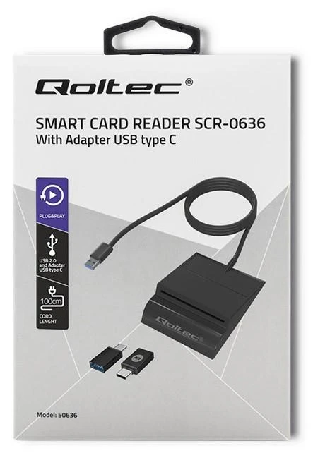 QOLTEC 50636 Intelligent Smart ID lustinių kortelių skaitytuvas SCR0636 USB tipo C
