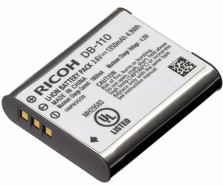 Ricoh DB-110 baterijos viršutinė dalis su techniniais parametrais