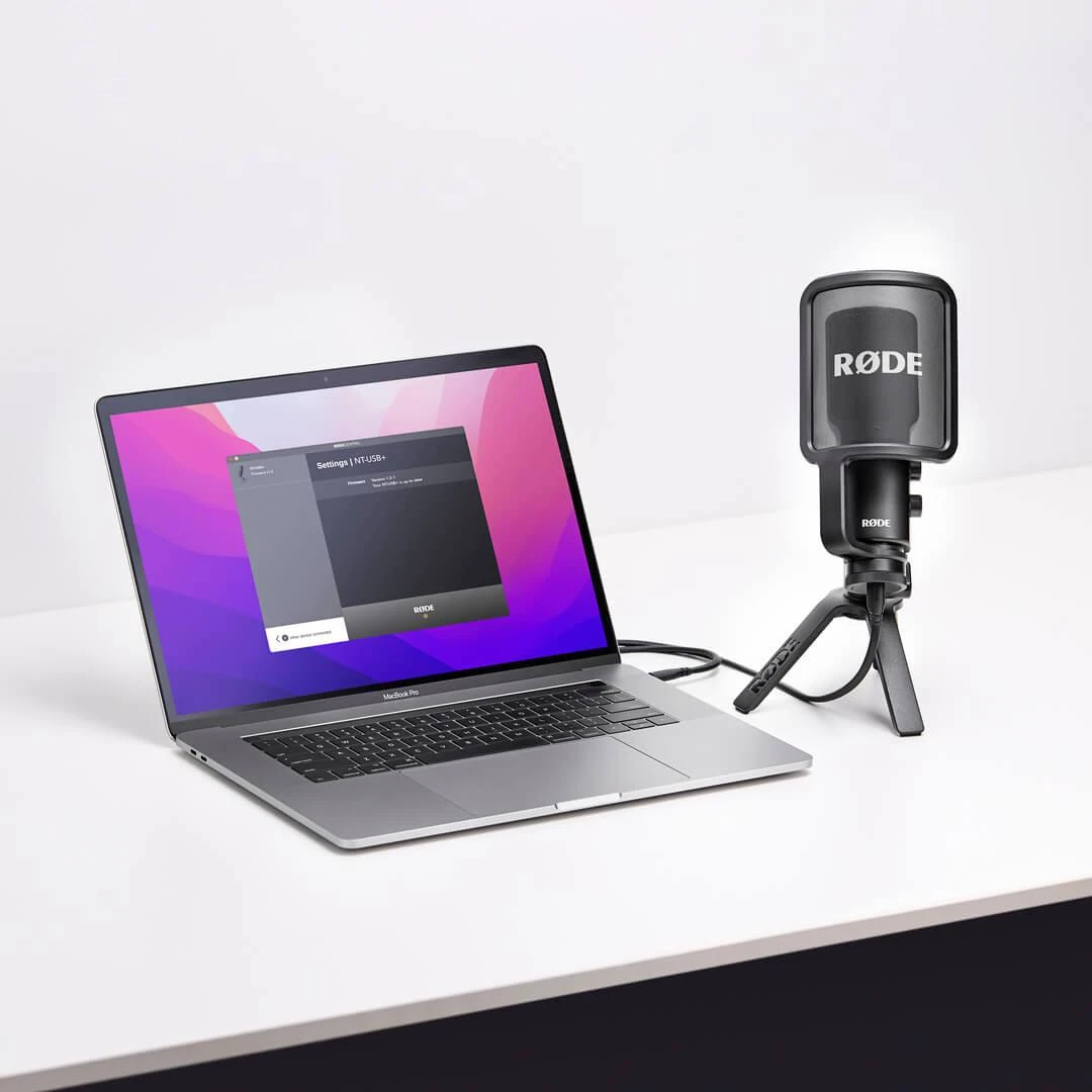 Rode NT-USB+ mikrofonas su kompiuterio nustatymų sąsaja