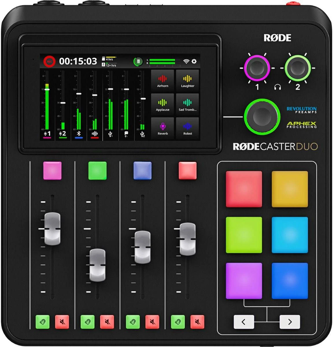 RodeCaster Duo garso pultas su spalvotais mygtukais