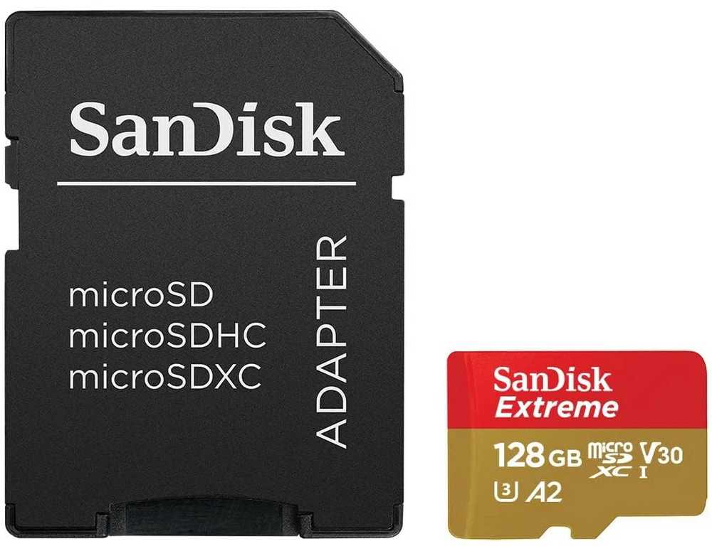 „SANDISK Extreme Micro SDXC 128GB“ veiksmo kameroms ir dronams + SD adapteris + 1 metų „RescuePRO Deluxe“ garantija iki 190 MB/s ir 90 MB/s skaitymo / rašymo greičių, A2, C10, V30, UHS-I, U3.