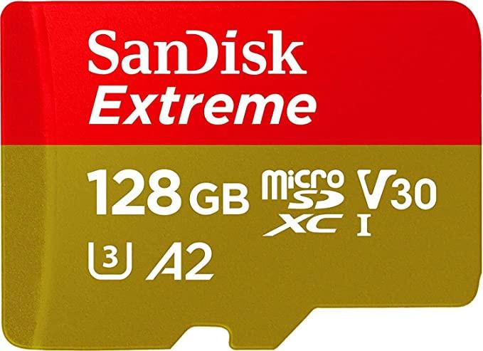 „SANDISK Extreme Micro SDXC 128GB“ veiksmo kameroms ir dronams + SD adapteris + 1 metų „RescuePRO Deluxe“ garantija iki 190 MB/s ir 90 MB/s skaitymo / rašymo greičių, A2, C10, V30, UHS-I, U3.