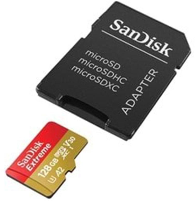 „SANDISK Extreme Micro SDXC 128GB“ veiksmo kameroms ir dronams + SD adapteris + 1 metų „RescuePRO Deluxe“ garantija iki 190 MB/s ir 90 MB/s skaitymo / rašymo greičių, A2, C10, V30, UHS-I, U3.