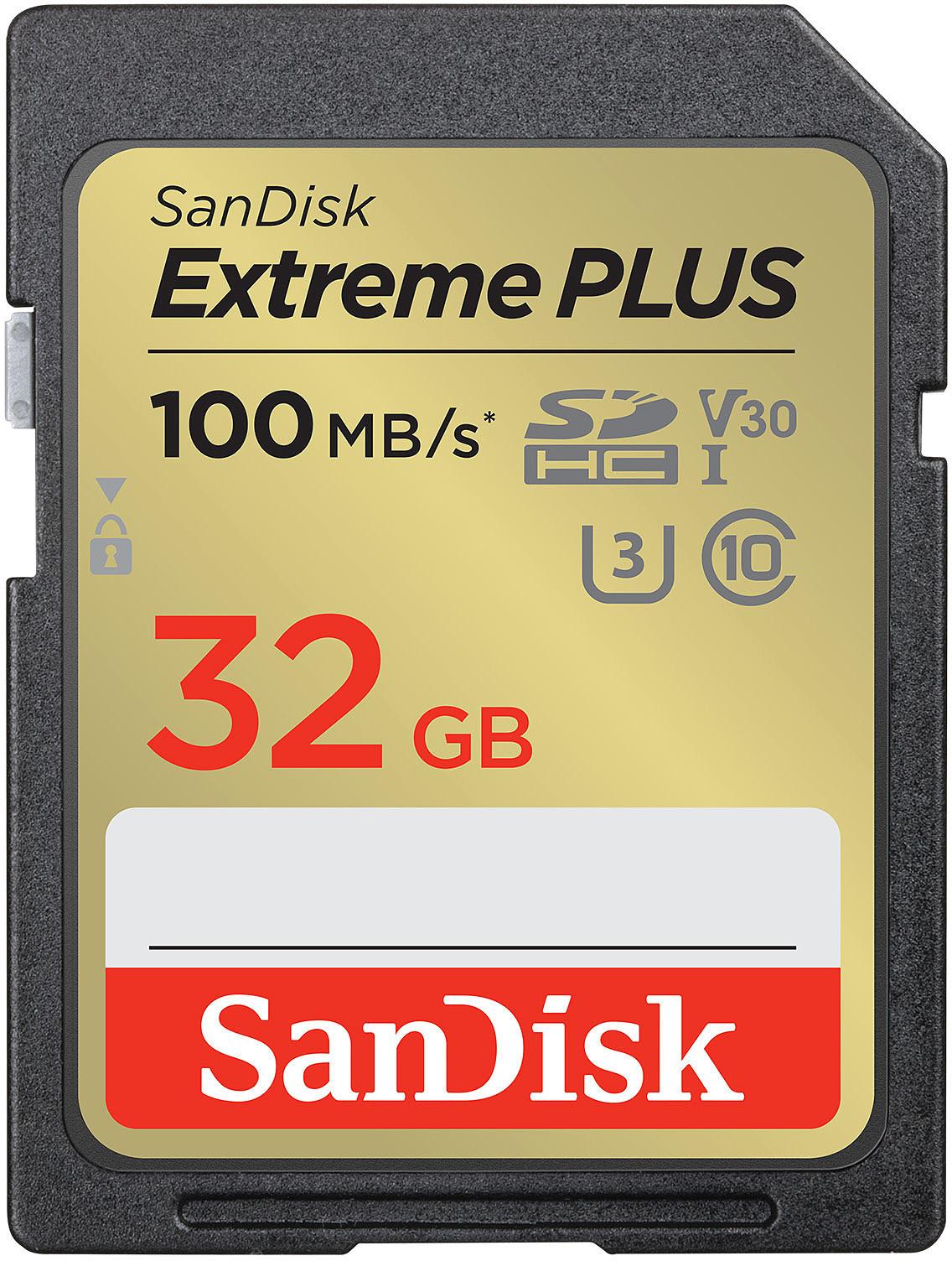 SanDisk Extreme PLUS 32 GB SDHC atminties kortelė + 2 metai RescuePRO Deluxe iki 100 MB/s ir 60 MB/s skaitymo / rašymo greitis, UHS-I, 10 klasė, U3, V30, EAN: 619659189433