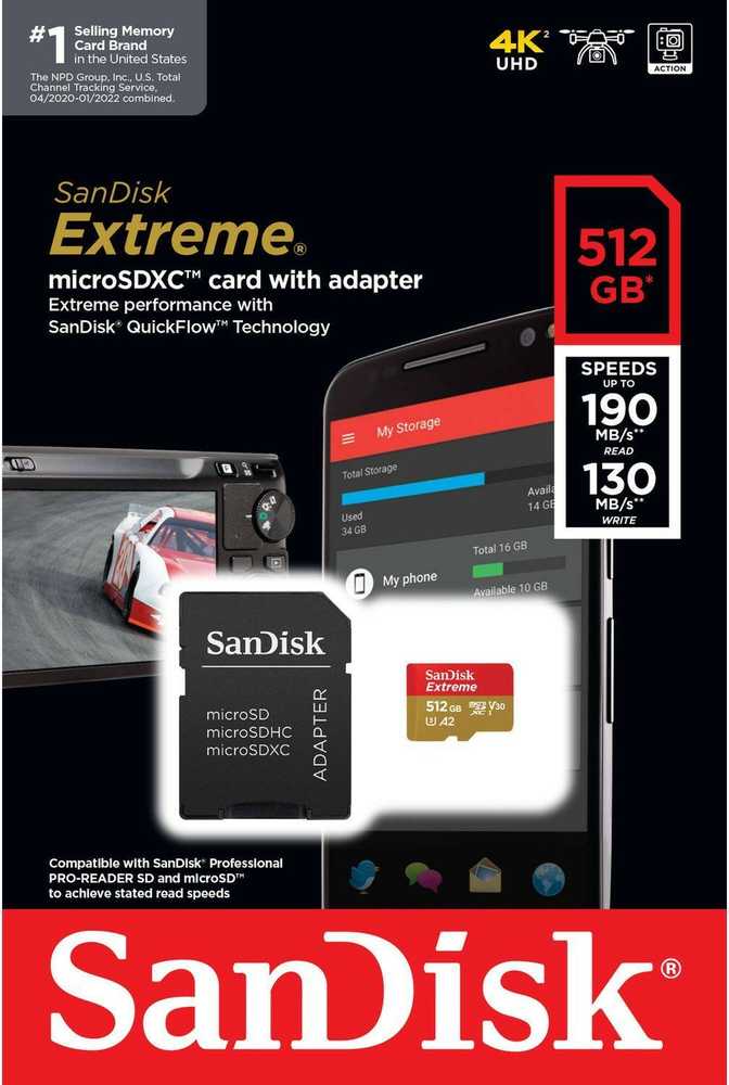 Atminties kortelė SANDISK Extreme Micro SDXC 512GB + SD adapteris + 1 metų „RescuePRO Deluxe“ iki 190 MB/s ir 130 MB/s skaitymo / rašymo greičių A2 C10 V30 UHS-I U3