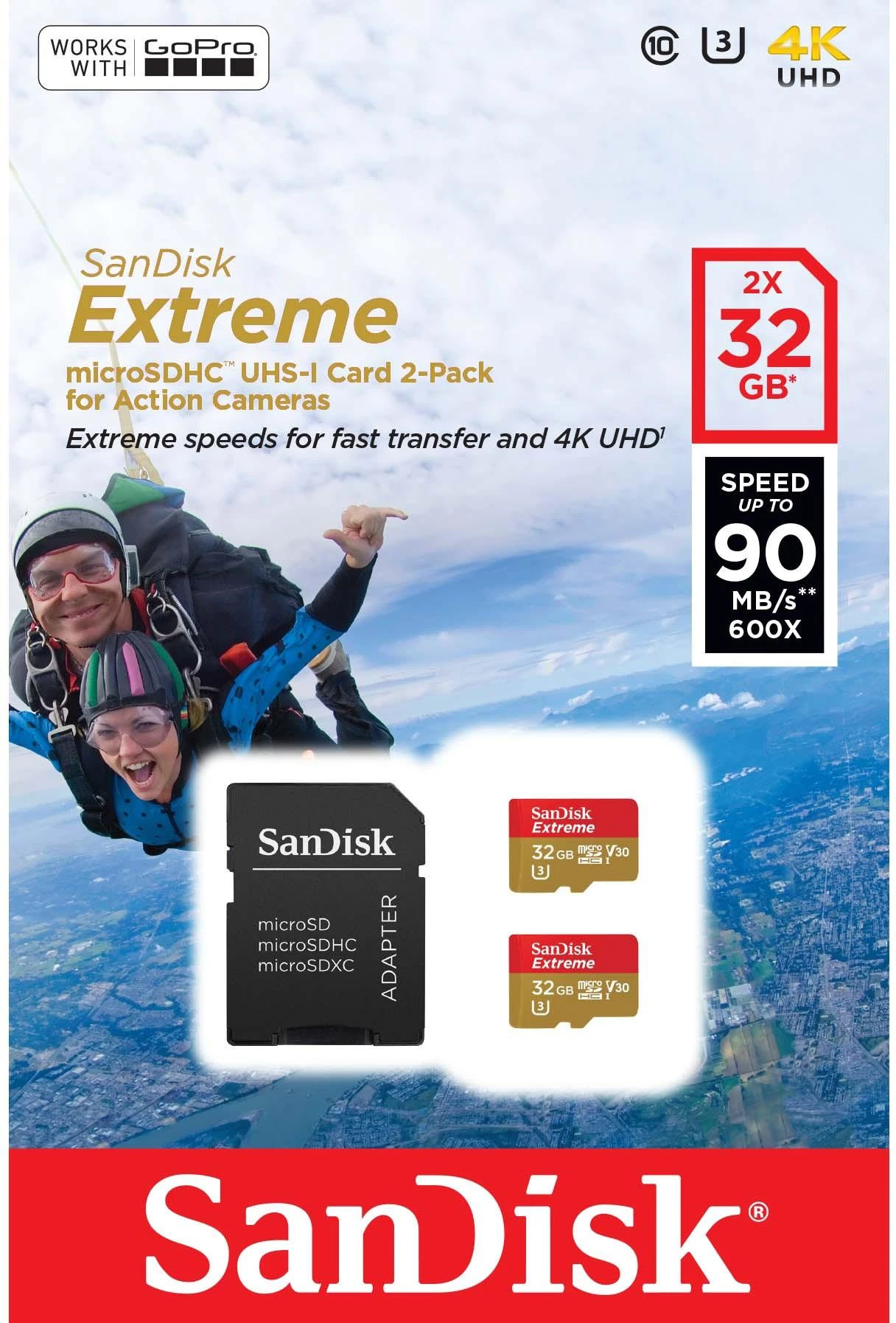 Atminties kortelė SanDisk Extreme Micro SDHC 32GB + SD Adapteriai veiksmo sporto kameroms - Twin Pack - 100MB/s A1 C10 V30 UHS-I U3; EAN: 619659155117