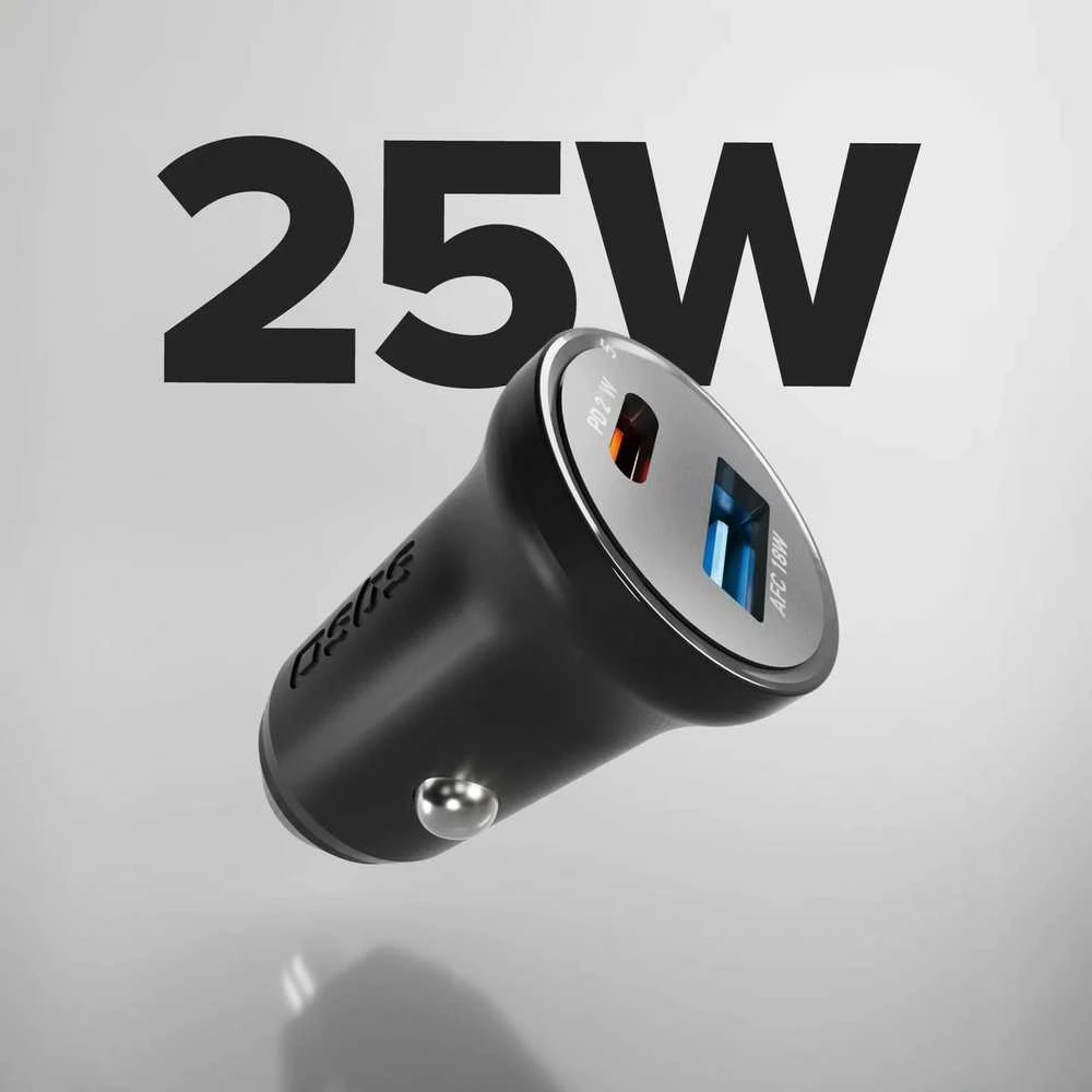 SBS TECRPD25W automobilinis įkroviklis 25W USB-A USB-C su Power Delivery – juodos spalvos