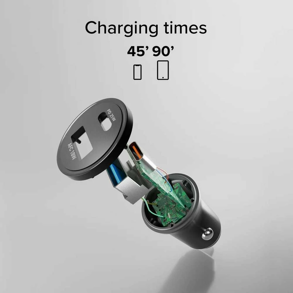 SBS TECRPD25W automobilinis įkroviklis 25W USB-A USB-C su Power Delivery – juodos spalvos
