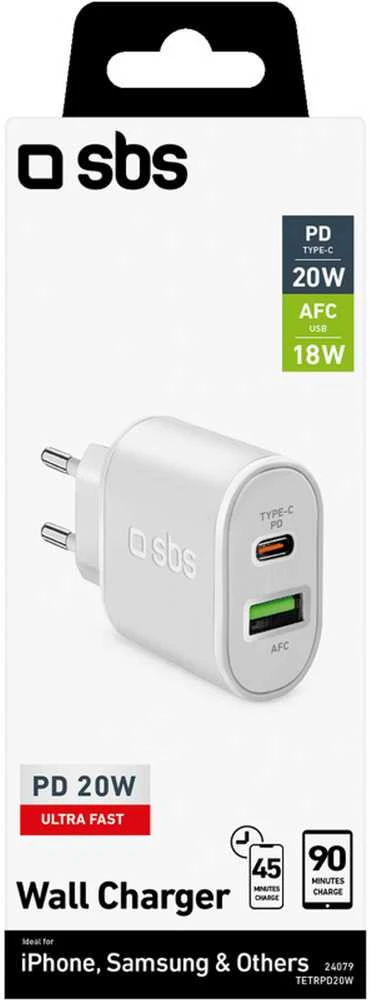 SBS TETRPD20W 20W USB-A USB-C sieninis įkroviklis su maitinimo tiekimu – baltas
