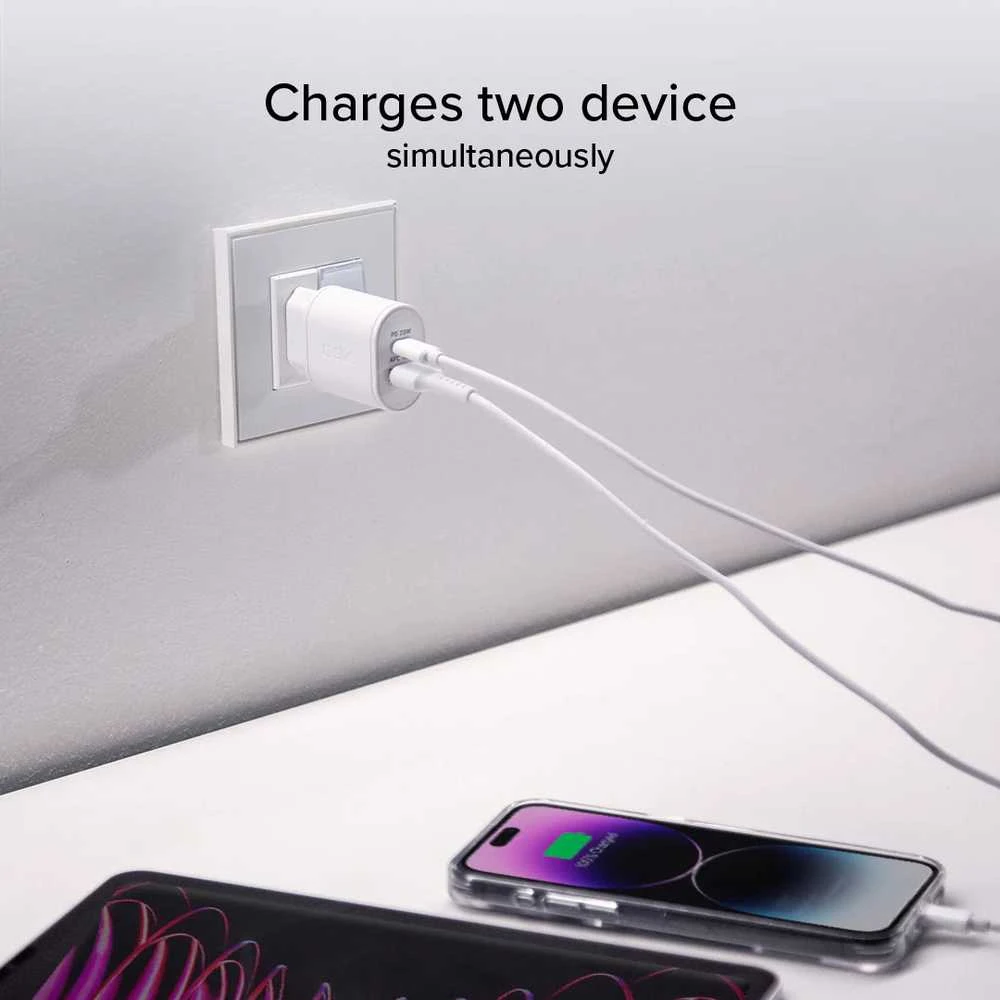 SBS TETRPD20W 20W USB-A USB-C sieninis įkroviklis su maitinimo tiekimu – baltas
