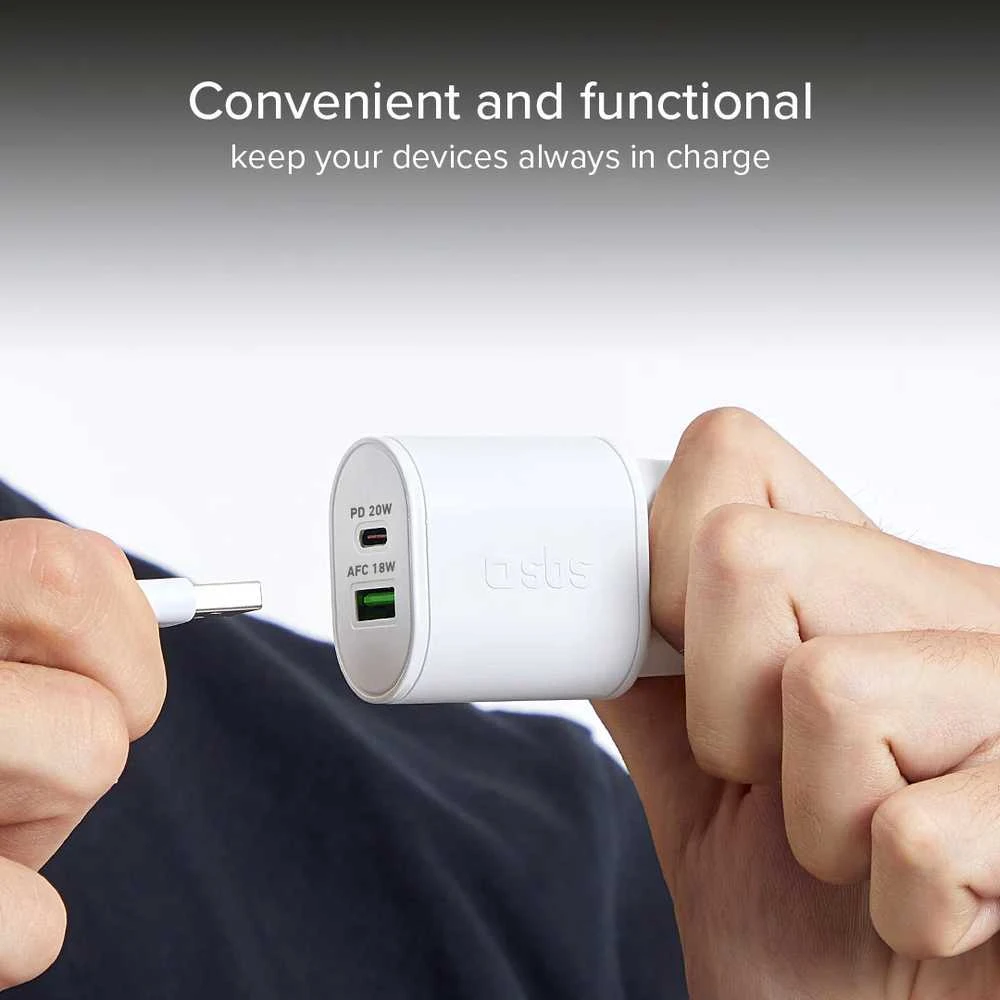 SBS TETRPD20W 20W USB-A USB-C sieninis įkroviklis su maitinimo tiekimu – baltas