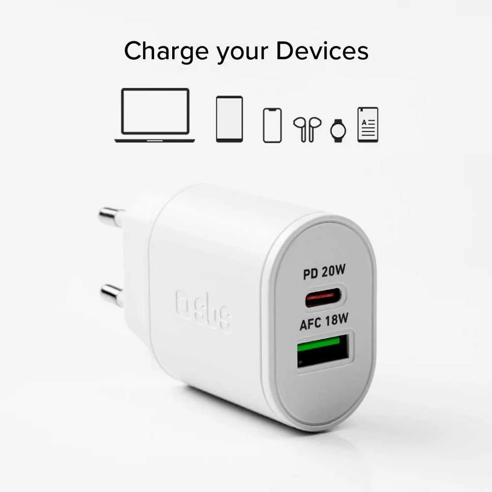 SBS TETRPD20W 20W USB-A USB-C sieninis įkroviklis su maitinimo tiekimu – baltas