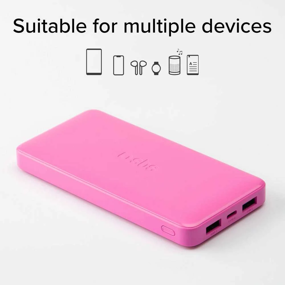 Rožinė SBS 10000 mAh baterija su įrenginių suderinamumo schema