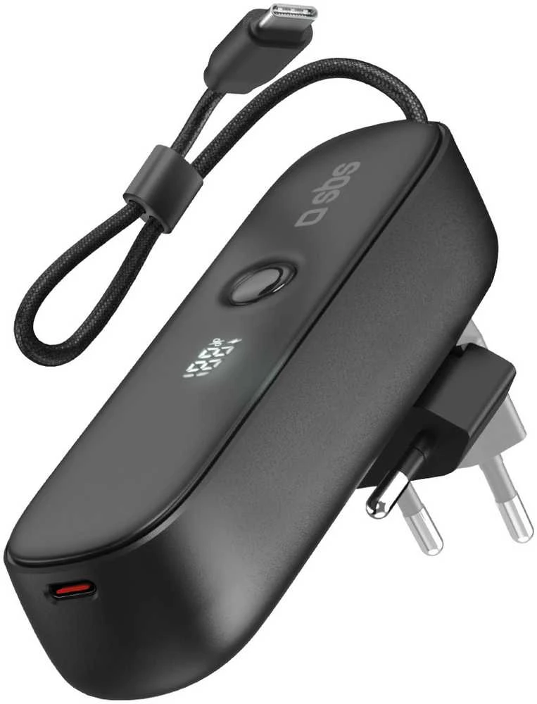 SBS Hybrid PD 20W 5000mAh išorinė baterija su įmontuotu laidu ir sulankstomu kištuku - Juodas