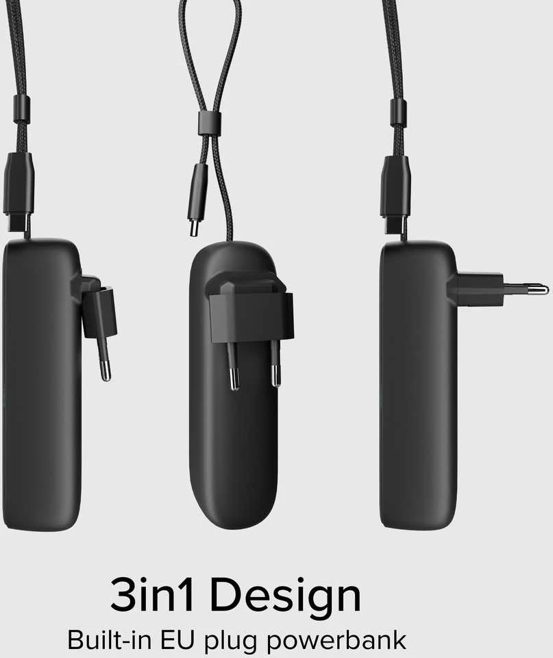 SBS Hybrid PD 20W 5000mAh išorinė baterija su įmontuotu laidu ir sulankstomu kištuku - Juodas