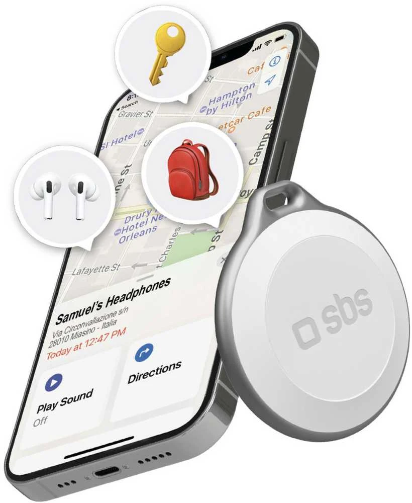 SBS Track My Circle atsparus vandeniui IP65 lokatorius, suderinamas su Apple Find My™ ir Baltas