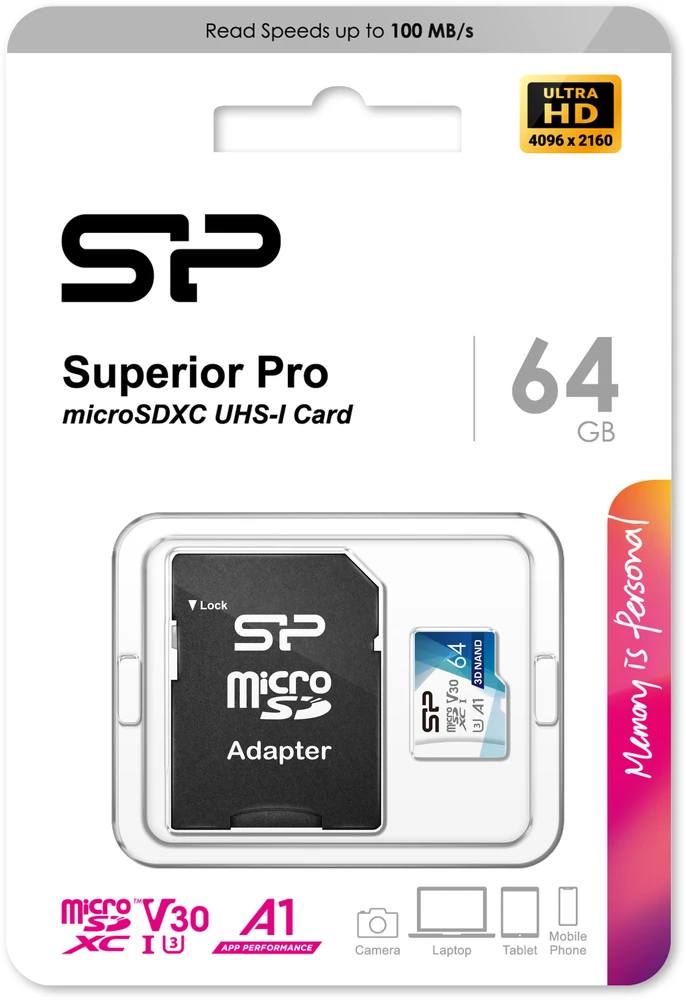 Silicon Power atminties kortelė Micro SDXC 64GB Superior Pro V30 + adapteris