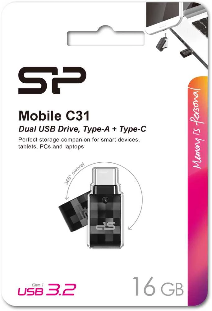 Silicon Power USB 3.2 Flash Drive Mobile C31 16 GB, USB Type-C/USB 3.2 Gen 1, Juodas