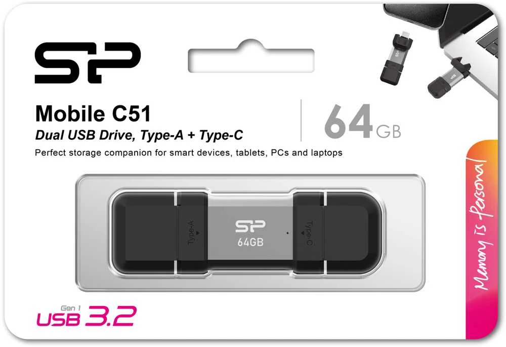 Silicon Power dvigubas USB diskas | „Mobile C51“ | 64 GB | USB C / A tipo | Sidabrinis