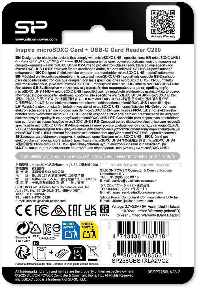 Kietasis diskas Silicon Power Micro SDXC 256GB atminties kortelė Inspire + kortelių skaitytuvas