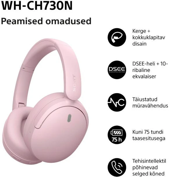 Sony belaidės ausinės WH-CH730N, rožinė