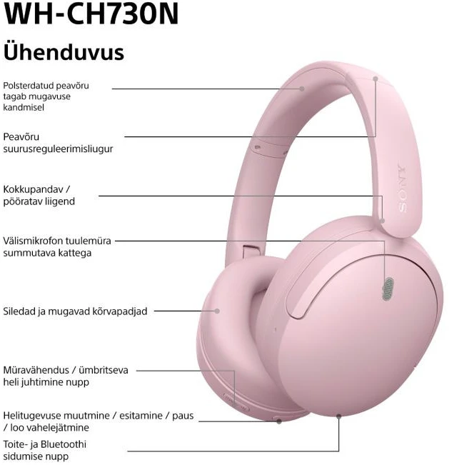 Sony belaidės ausinės WH-CH730N, rožinė