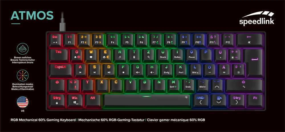 Speedlink ATMOS RGB Rainbow mechaninė žaidimų klaviatūra su rudais jungikliais, juoda, JAV išdėstymas