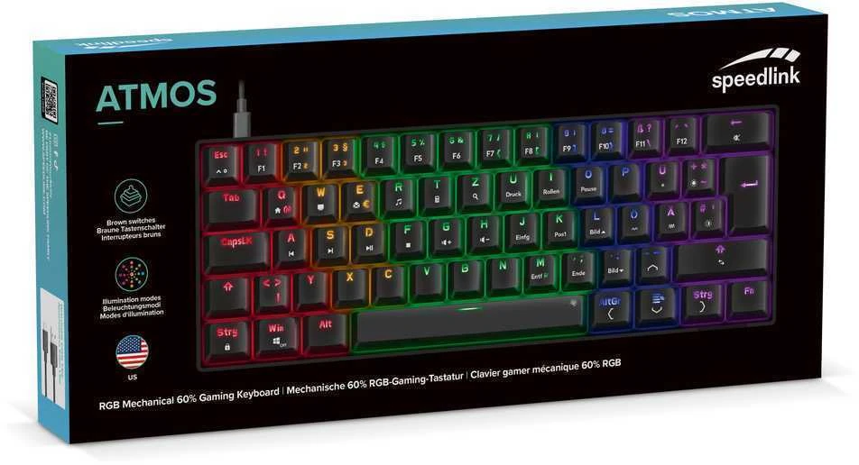 Speedlink ATMOS RGB Rainbow mechaninė žaidimų klaviatūra su rudais jungikliais, juoda, JAV išdėstymas