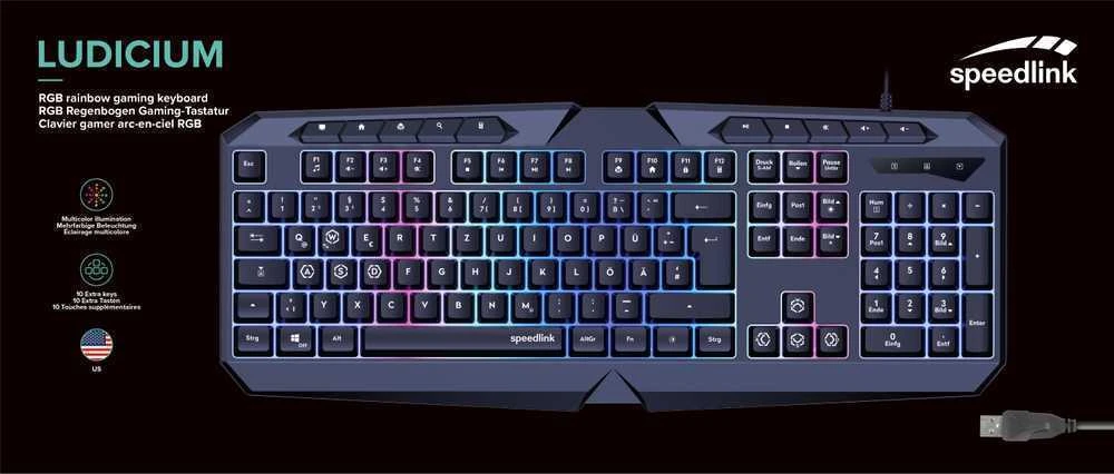 Speedlink LUDICIUM RGB Rainbow žaidimų klaviatūra, juoda, JAV išdėstymas