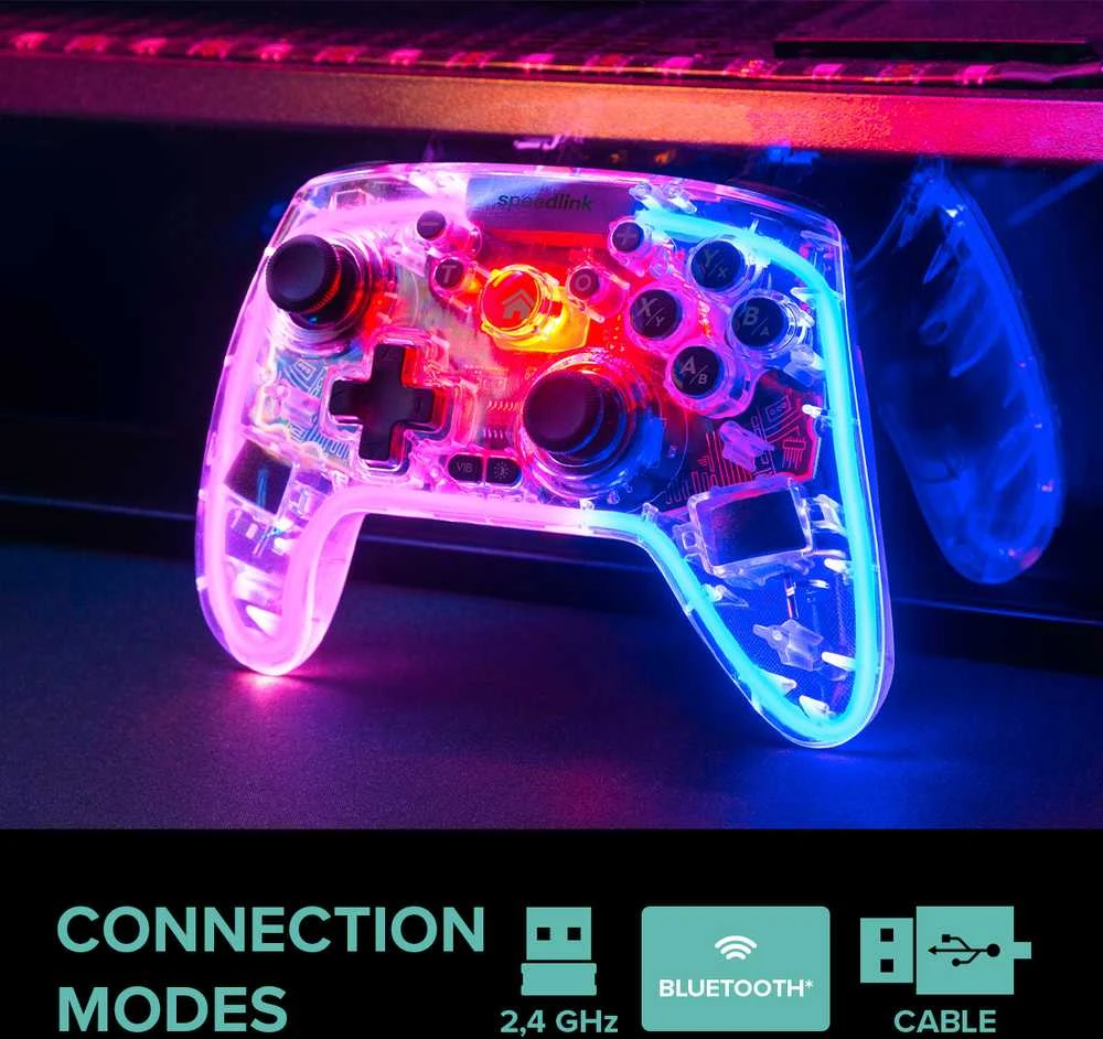 „Speedlink RAIT NX RGB“ belaidis/laidinis žaidimų pultas, skirtas asmeniniams kompiuteriams, „Android“ ir „Switch OLED“ bei „Lite“ įrenginiams, skaidrus ir skaidrus.