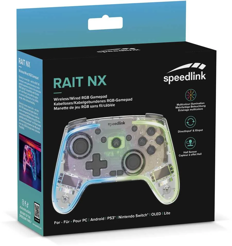 „Speedlink RAIT NX RGB“ belaidis/laidinis žaidimų pultas, skirtas asmeniniams kompiuteriams, „Android“ ir „Switch OLED“ bei „Lite“ įrenginiams, skaidrus ir skaidrus.
