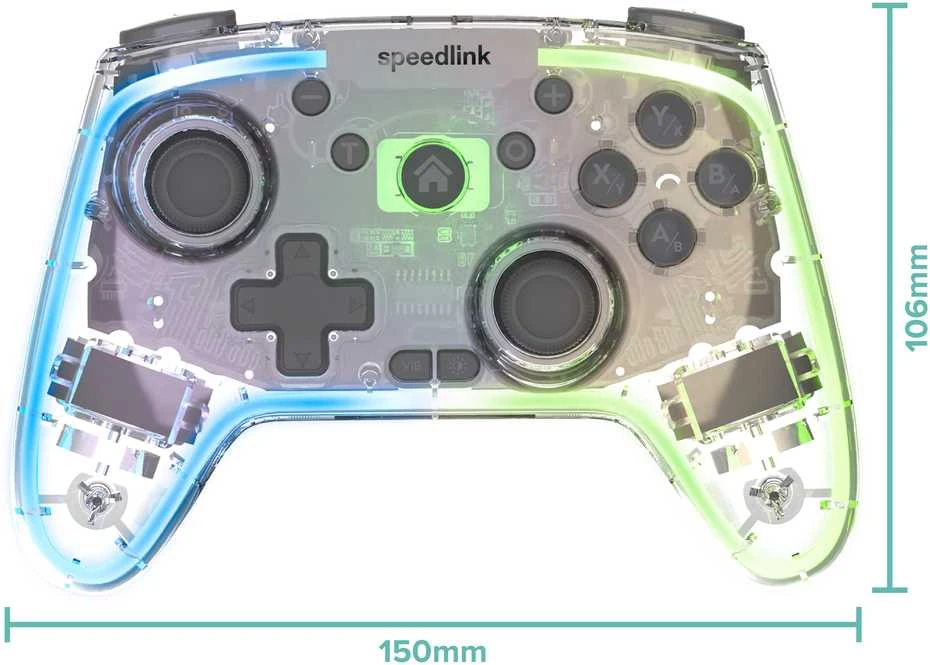 „Speedlink RAIT NX RGB“ belaidis/laidinis žaidimų pultas, skirtas asmeniniams kompiuteriams, „Android“ ir „Switch OLED“ bei „Lite“ įrenginiams, skaidrus ir skaidrus.