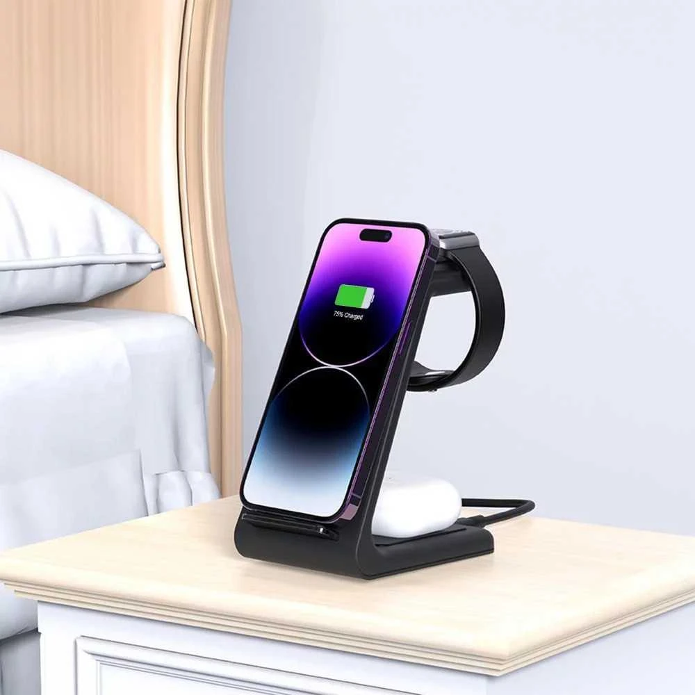Įkrovimo stotelė Tech-Protect QI15W-A36 3in1 skirta Apple – juodos spalvos