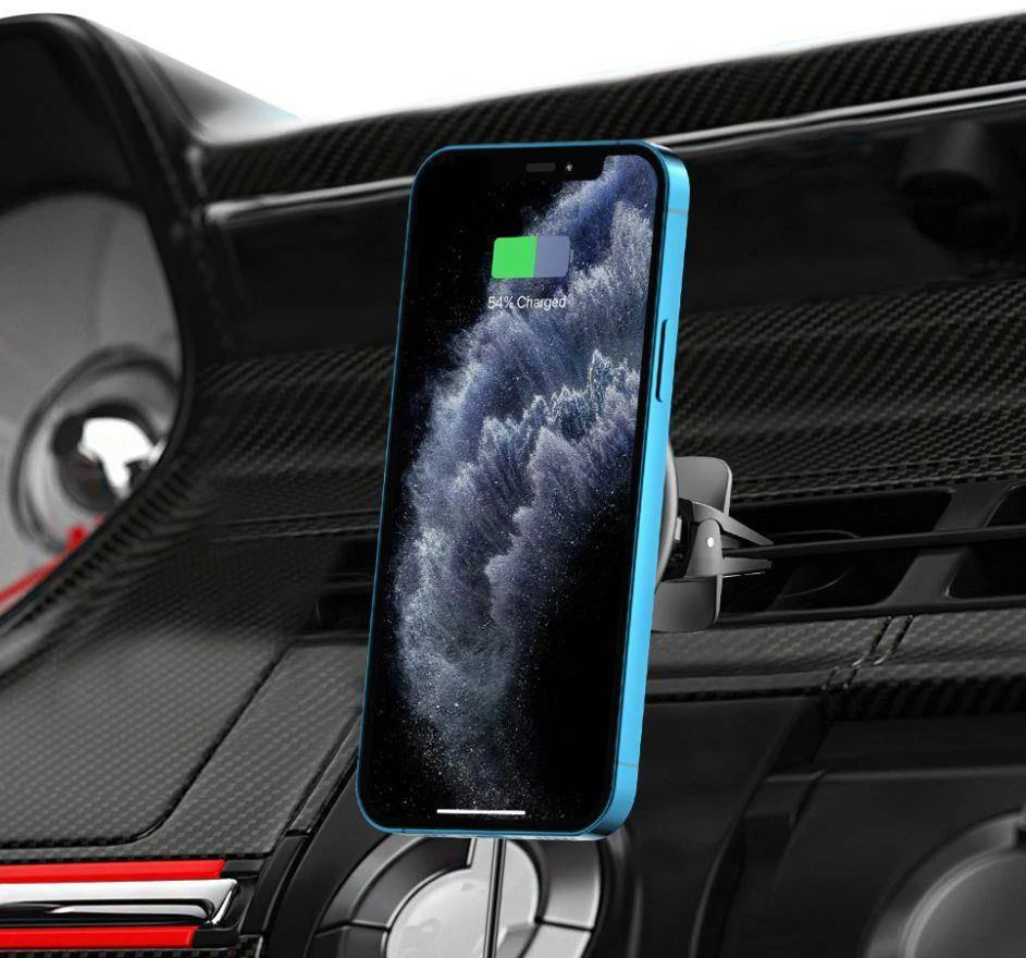 MagSafe Automobilinis laikiklis su 15W belaidžiu įkrovimu ventiliacijos grotelėms Tech-Protect A2 juodos spalvos