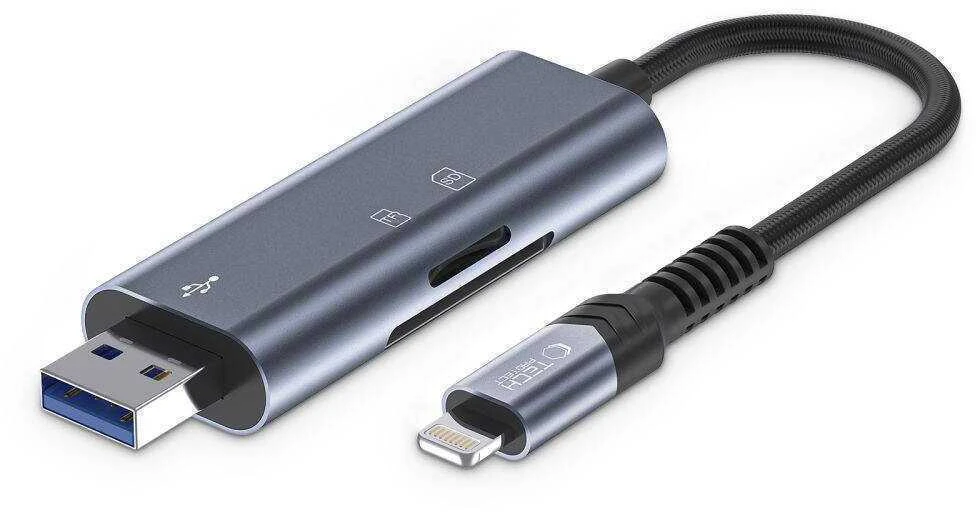 Atminties kortelių skaitytuvas SD + Micro SD Lightning + USB Tech-Protect UltraBoost pilkos spalvos