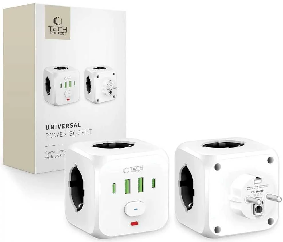 Tech-Protect PCL3x4 maitinimo juosta, 2x USB-A, 2x USB-C, 3x kintamosios srovės tipas Schuko - Baltas