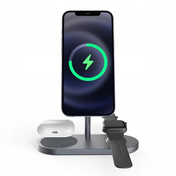 Belaidis magnetinis įkroviklis 3in1 15W telefonams su MagSafe, AirPods, Apple Watch Watch Tech-Protect QI15W A22 juodos spalvos