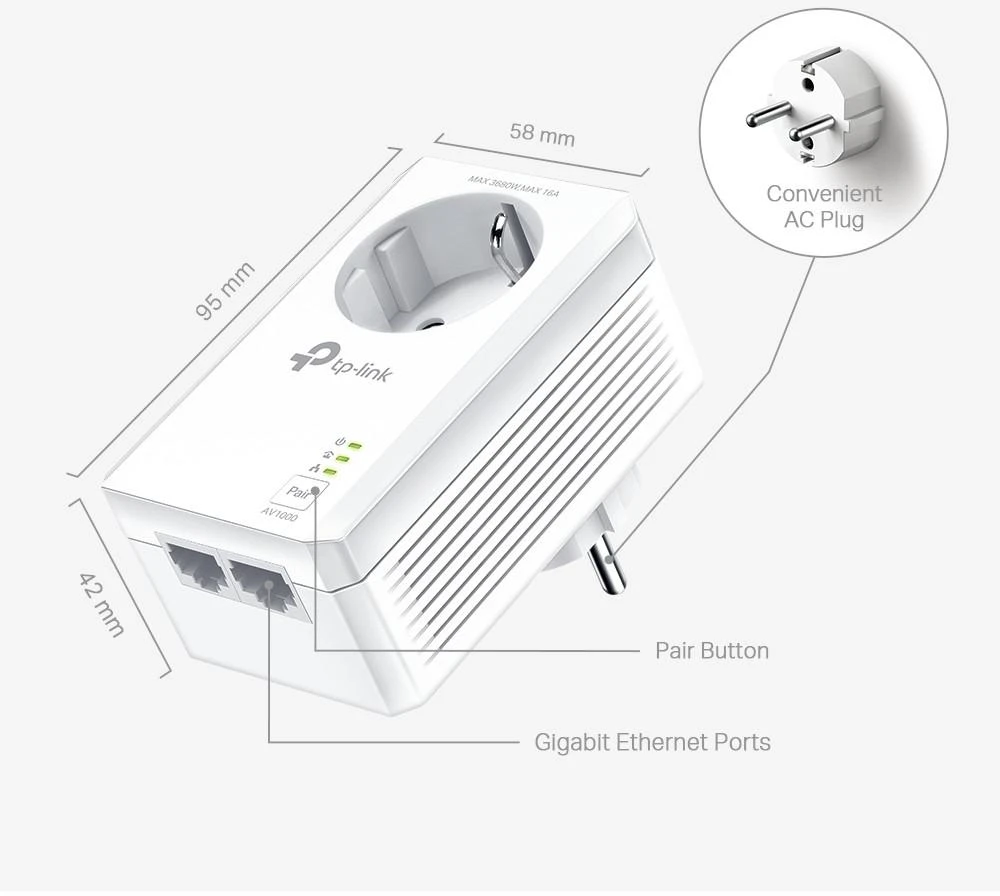 TP-LINK | AV1000 2-port Gigabit Passthrough Powerline Starter Kit | TL-PA7027P RINKINYS | 10/100/1000 Mbit/s | Ethernet LAN (RJ-45) jungtys 2 | Nėra „Wi-Fi“ | Papildomas lizdas