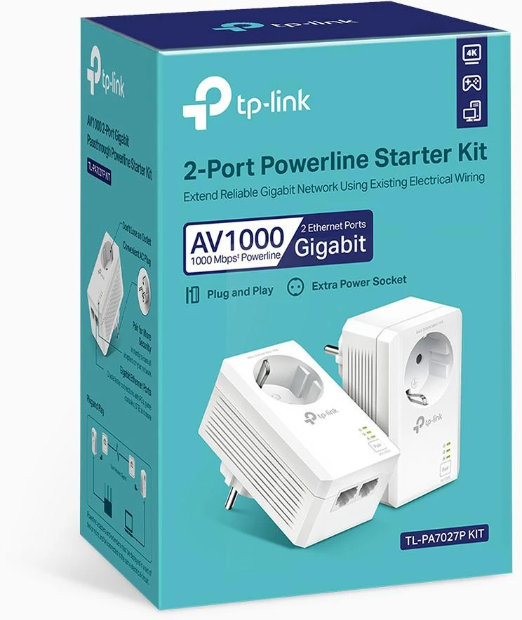 TP-LINK | AV1000 2-port Gigabit Passthrough Powerline Starter Kit | TL-PA7027P RINKINYS | 10/100/1000 Mbit/s | Ethernet LAN (RJ-45) jungtys 2 | Nėra „Wi-Fi“ | Papildomas lizdas